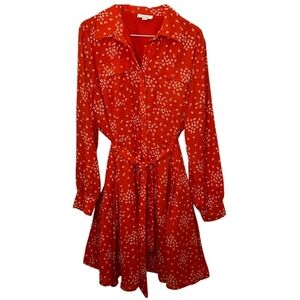 On 34th Red and White Ditsy Floral Buttoned Tie Front Shirt Long Sleeve Dress
